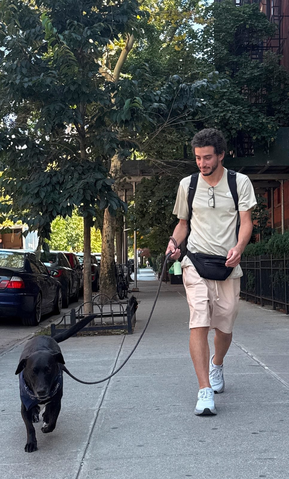 Kyle walking a client's dog on a Chelsea street in Manhattan